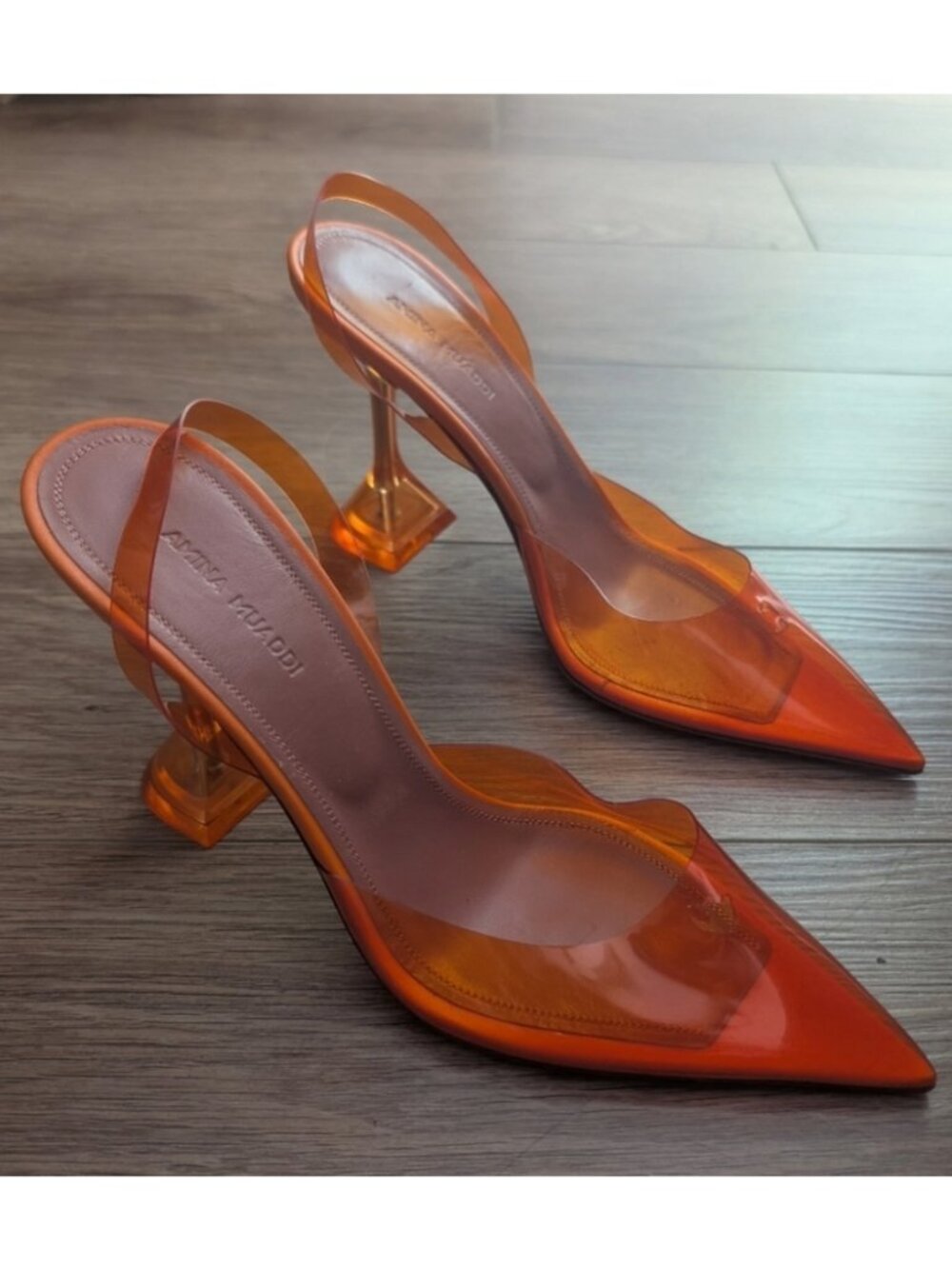{Flaws} Amina Muaddi | Rosie Embellished PVC Slingback Pumps In Orange